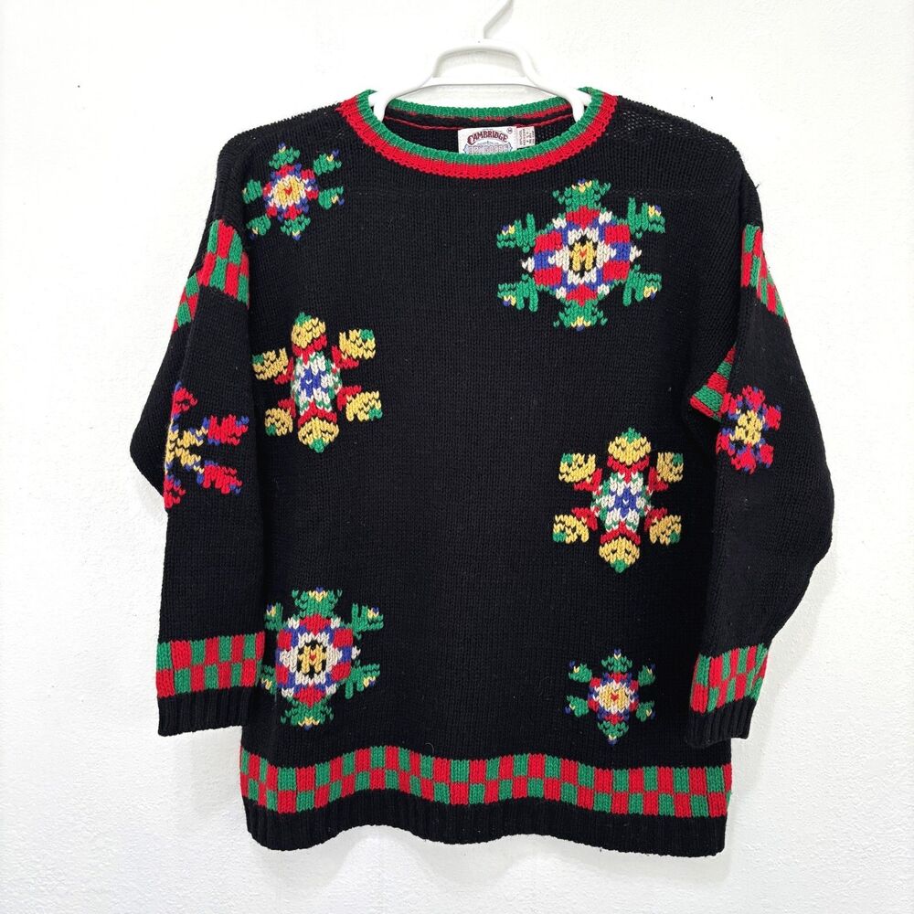 Womens Preppy Holiday Wool Sweater Medium Maximalist Party Intarsia Knit Festive